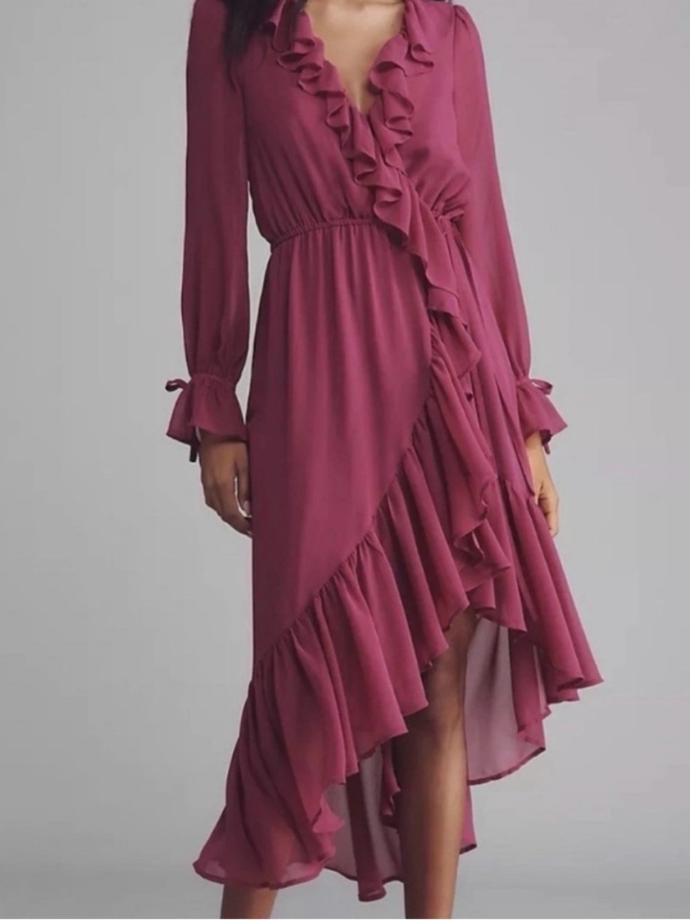 Anthropologie Womens Magenta Long Sleeve Ruffled Asymmetric Midi Dress sz small